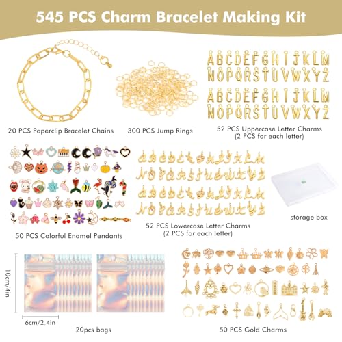 Zplontya Gold Charm Bracelet Making Kit - 545 Pcs Jewelry Making Supplies with 20Pcs Bracelet Chains, Storage Box & Gift Bags, DIY Bracelet Kit for Jewelry Making, Gold Charms for Crafting - color: Gold