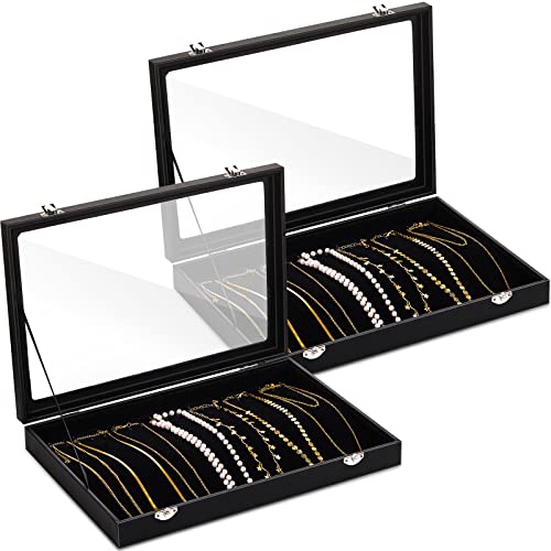 Kenning 2 Pieces Glass Lid Necklace Organizer Box 20 Hooks Necklace Tray Jewelry Holder Organizer Velvet Necklaces Holder Storage Display Case for Show Bracelet