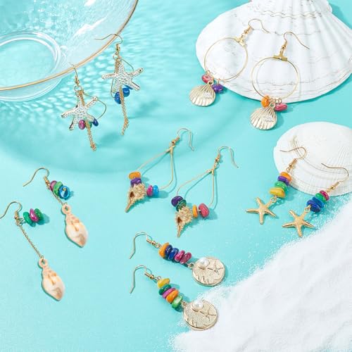 SUNNYCLUE 1 Box DIY Make 10 Pairs Shell Starfish Earring Dangles Making Kit Scallop Alloy Pendants Flat Round Teardrop Steel Charms Jewelry Findings for Beginners Earring Jewellery Making Crafts - color: Beach Themed Earring 1