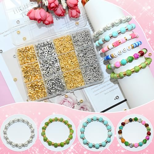 Looconi 1500pcs 6mm Silver and Gold Flat Round Spacer Beads for Jewelry Making DIY Bracelet Necklace Earring Craft Supplies - color: Ring&Flower