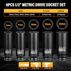 5 Pieces 1/2 inch Drive Deep Impact Socket Set, Metric,15mm 17mm 19mm 21mm 22mm,Cr-Mo,6-Point,Spindle Axle Nut Impact Socket - size: 1/2" Deep 5pc