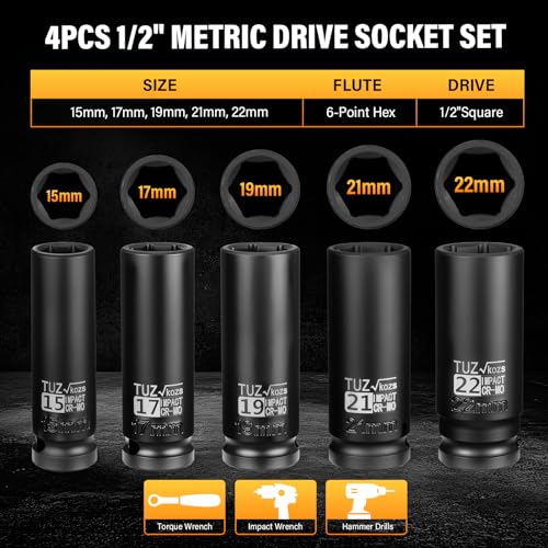 5 Pieces 1/2 inch Drive Deep Impact Socket Set, Metric,15mm 17mm 19mm 21mm 22mm,Cr-Mo,6-Point,Spindle Axle Nut Impact Socket - size: 1/2" Deep 5pc