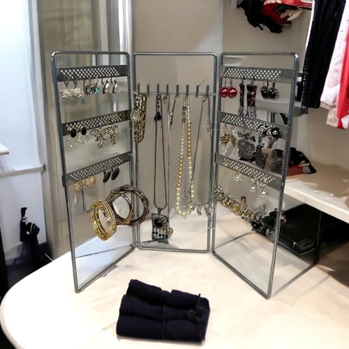 Jewelry Holder, Jewelry Organizer, folding 3 piece Jewelry Display Stand with Metal Frame, Necklace Earring Bracelet Holder, for Studs, Rings, Gift Idea, Gold, Silver, Black Color (SILVER) - color: SILVER