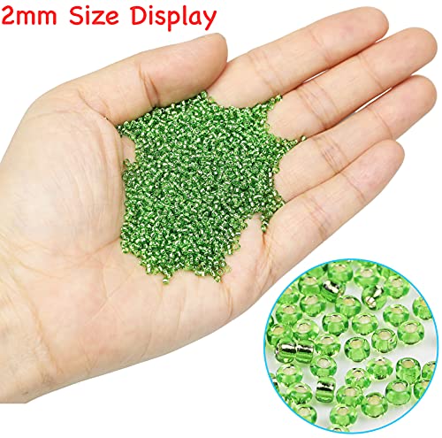 Bala&Fillic 12/0 Glass Seed Beads Clear Green Color Silver Lined Seed Beads About 10000pcs/110g in Box (Green) - color: Green, size: 2mm