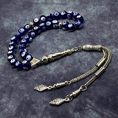 Simple Designed Natural Stone Worry Beads (8mm -33 Beads) - Prayer Beads Tesbih-Tasbih-Tasbeeh-Misbaha-Subha-Sebha-Sibha-Rosary (Evil Eye -8 mm 33- Beads) - color: Evil Eye -8 mm 33- Beads