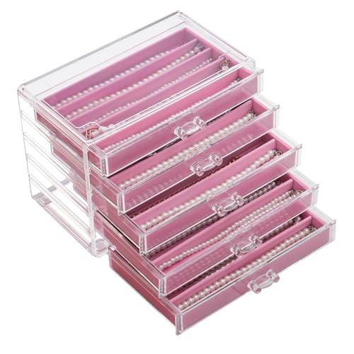 YUFONG Necklace Holder Organizer, Dustproof Necklace Box Velvet Necklace Organizer Box with Lid Clear Acrylic Dustproof Stackable Jewelry Displays for Necklaces Chain Display (Pink, 5 Drawer) - color: Pink, size: 5 Drawer