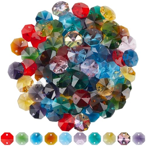 1 Box 120Pcs 10 Colors 14mm Crystal Glass Octagon Beads Colorful Suncatcher Beads Bulk 2 Hole Prism Chandelier Replacement Connector Faceted Spacers for DIY Lamp Hanging Pendant Jewelry Craft - color: Mixed Color