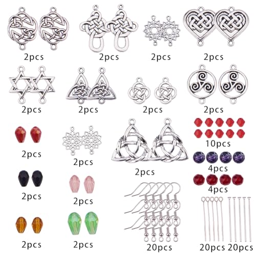 SUNNYCLUE 1 Box DIY 10 Pairs Celtic Knot Dangle Earring Making Kit Celtic Knot Connect Charms Findings Irish Wiccan Flower Star Triangle Heart Love with Beads Earring Hooks Instruction for Beginners - color: Sliver
