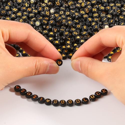 1000pcs Black Mixed Round Acrylic Beads 4x7mm Gold Alphabet Number Heart Shape Bead for Jewelry Making and DIY Bracelets - color: Black/Gold Letter&Number&Heart, size: 4x7mm
