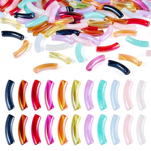 Spritewelry 110Pcs Acrylic Tube Beads Chunky Bamboo Tube Beads for Bracelets Curved Tube Beads Noodle Beads for Jewelry Making Necklace Crafts Kits 11 Colors - color: Mixed Color-1