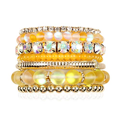 RIAH FASHION Multi Color Stretch Beaded Stackable Bracelets - Layering Bead Strand Statement Wrap Bangles - color: Mermaid Glass - Yellow, size: 7.0 Inches Length