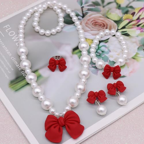 Princess Jewelry for Little Girls, Handmade Bow Pearl Kids Jewelry Set, Stretch Necklace Bracelets Rings and Clip on Earrings, Perfect for Dress Up, Birthday Parties, and Costume Play - color: Red