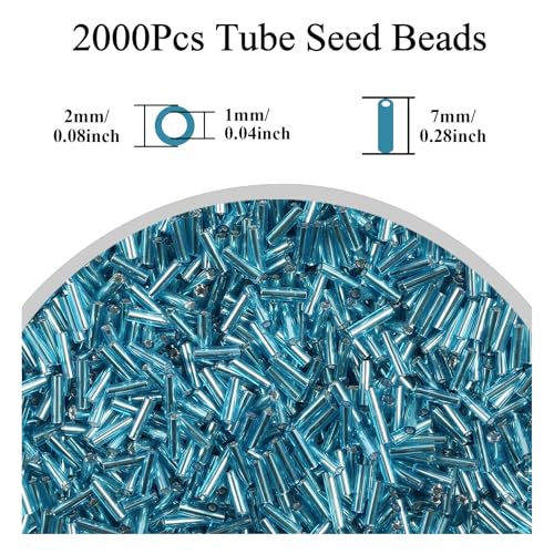 2000Pcs Tube Seed Beads 2x7mm Mini Long Glass Bugle Bead Small Craft Loose Spacer Beads for DIY Phone Charms Waist Bead Bracelets Earrings Necklaces (Sky Blue) - color: Sky Blue