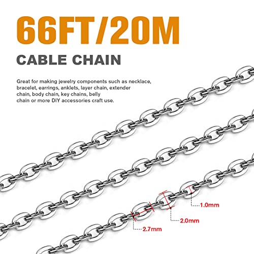 [66 Feet/ 20M] Stainless Steel Chain Bulk, 2mm 304 Stainless Steel Chains Flat Cable Link Chain Bulk for Jewelry Making DIY Craft - color: Stainless Steel, size: 2.0mm width