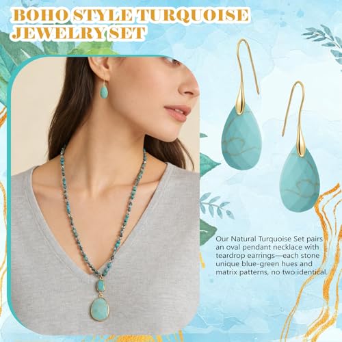 2 Pcs Boho Lapis Lazuli Jewelry Set for Women - Handmade Natural Stone Beaded Long Necklace with Oval Lapis Lazuli Pendant & Trapezoid Lapis Lazuli Earrings | Vintage Elegance | Ideal Gift for Her - style: Turquoise Pendant