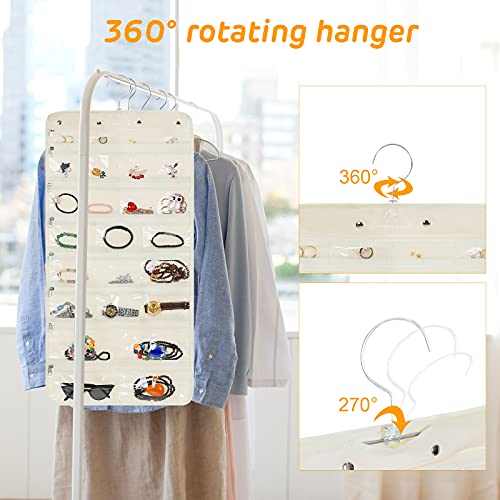 Hanging Jewelry Organizer with 50 Transparent Pockets, 360° Rotating Hanger & Secure Zipper Closure - Foldable Double Sided Jewelry Storage Bag for Earrings, Rings, Necklaces, Bracelets (Beige)