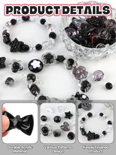 Acrylic Pastel Beads for Jewelry Making, Kalolary Black Bow Butterfly Flower Bead Kawaii Plastic Heart Bead Cute Macaroon Aesthetic Beads for Bracelet Necklace DIY (Black) - color: Black