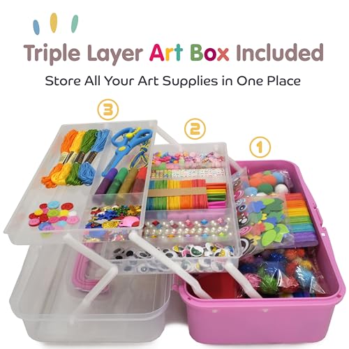 Olly Kids Arts and Crafts Supplies for Kids Girls 4 5 6 7 8 9 10 11 & 12- Ultimate Crafting Supply Carboodle in Portable 3 Layered Plastic Art Box - color: Pink
