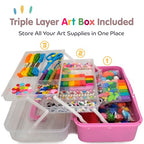 Olly Kids Arts and Crafts Supplies for Kids Girls 4 5 6 7 8 9 10 11 & 12- Ultimate Crafting Supply Carboodle in Portable 3 Layered Plastic Art Box - color: Pink
