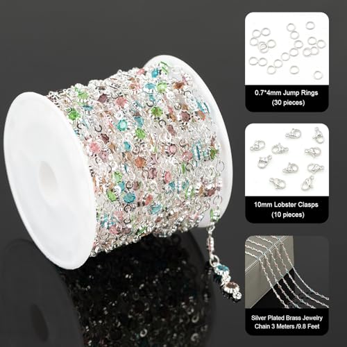 YOUBEIYEE 3 Yard Colorful Rhinestone Jewelry Chain for Jewelry Making Silver Plated Brass Chains Bulk with Jump Rings and Lobster Clasps - color: Colorful Crystal