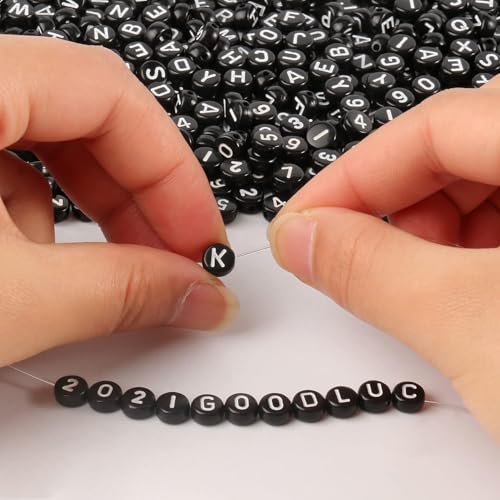 1000pcs Black Mixed Round Acrylic Letter Beads 4x7mm White Alphabet Number Beads for Jewelry Making and DIY Bracelets - color: Black/White Letter&Number, size: 4x7mm