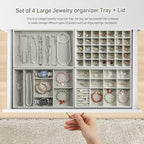 EZDeco Jewelry Organizer Tray with Lid,Extra Large Set of 4 Jewelry Trays for Drawers Stackable Jewelry Holder Inserts PU Leather Jewellery Storage for Ring Earring Necklace Bracelet for Mom(Grey)