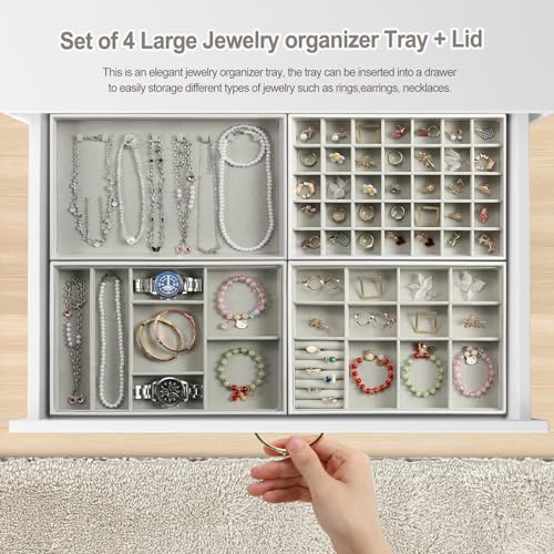 EZDeco Jewelry Organizer Tray with Lid,Extra Large Set of 4 Jewelry Trays for Drawers Stackable Jewelry Holder Inserts PU Leather Jewellery Storage for Ring Earring Necklace Bracelet for Mom(Grey)