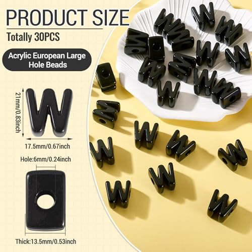 FASHEWELRY 30Pcs Acrylic Letter W Beads with Large Hole Big Plastic Letter Blocks European Beads 3D Letters Chunky Vowel Initial Alphabet Bead for Key Chains Necklace DIY Arts Craft Projects - color: Black, size: W