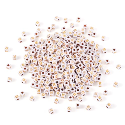 FASHEWELRY 500Pcs White Golden Letter Beads 4.5mm Square Alphabet Beads Acrylic Cube Letter R Beads for Friendship Bracelet Necklace Keychains Jewelry Making - color: Letter R