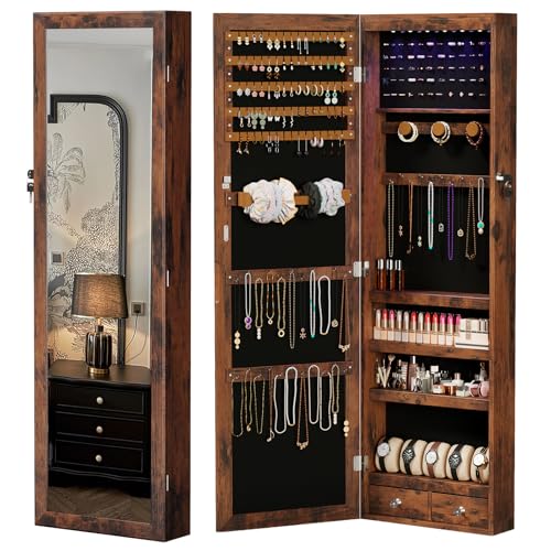DUMOS 6 LEDs Mirror Jewelry Cabinet, Wall or Door Mounted Jewelry Organizer, 47.2-Inch Tall Lockable Large Capacity Cosmetic Storage, Gift Idea - color: Rustic Brown