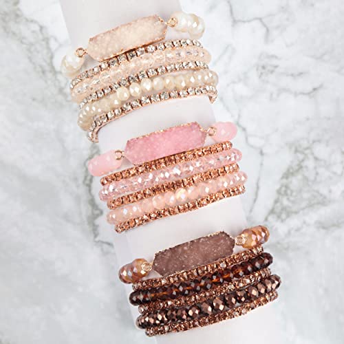 RIAH FASHION Bohemian Acrylic Druzy Multi-Layer Bead Statement Bracelet - Versatile Faux Stone Pendant Stretch Strand Stackable Cuff Bangle Set Sparkly Crystal - color: Druzy Bar Sparkly Mix Set - Pink