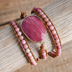 YGLINE Women Boho Handmade Natural Stone Crystal Leather Bead Wrap Bracelets Collection - color: Rhodochrosite-3w