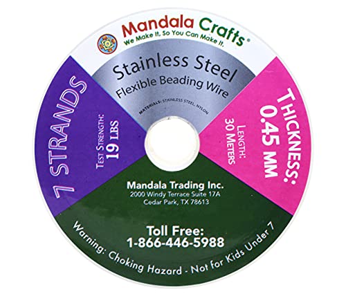 Mandala Crafts 7 Strand Beading Wire for Jewelry Making - 98 FT 25 Gauge Stainless Steel Braided Tiger Tail Wire for Bead Stringing - size: 7 Strands 25 Gauge 0.45MM 98FT