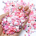 60g Mix Flatback Pearls and Rhinestones for Crafts, 2mm-10mm for Tumblers, Shoes, Nails, Face Art, Bedazzling Half Gems, Dark Pinks|White - color: Pink Bubble Gum Blend | Mix Dark Pinks | White
