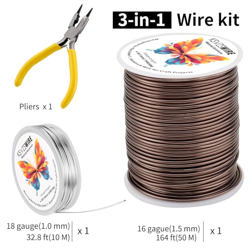 16 Gauge(1.5mm) Aluminum Wire 164 Feet(50 M) KSVZS Bendable Metal Wire for Crafts, Sculpting, Armature, Jewelry Making【3-in-1】+18 Gauge(1.0 mm) 32.8 Ft(10 M)+1 Plier(Brown) - size: 16Gauge, style: Brown