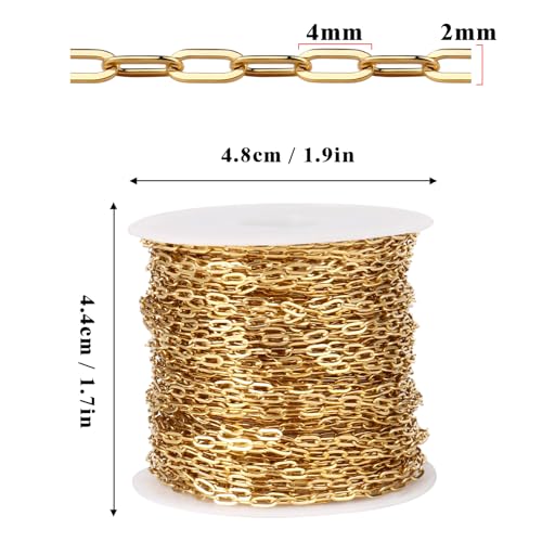 33FT Gold Paperclip Chain Jewelry 2MM 18K Gold PVD Plated Stainless Steel Paperclip Link Chain Roll Bulk for Jewelry Making - color: 2mm gold