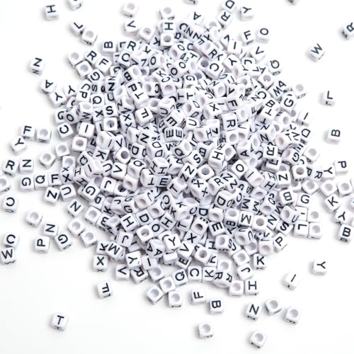 1000pcs Square White Letter Beads Acrylic 6x6mm Cube Beads for Bracelets Necklaces and Jewelry Making Alphabet Bead - color: White-Black