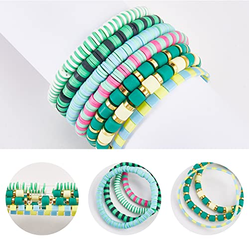 Ornaland 7Pcs Handmade Polymer Clay Heishi Surfer Stretch Bracelets Set Colorful Glass Beads Bracelets Boho Stackable Preppy Bracelets Wrist Jewelry for Women - color: Grass green