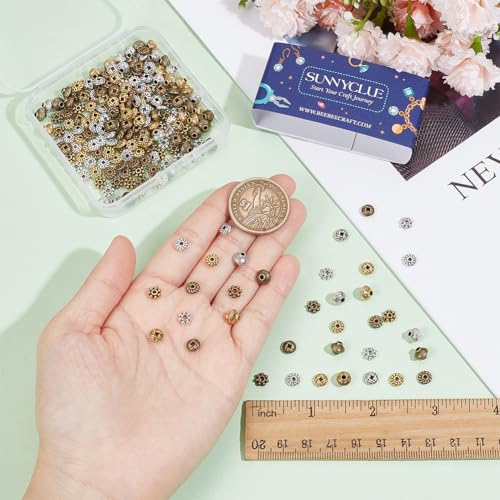 SUNNYCLUE 1 Box 240Pcs 12 Styles 6mm Spacer Beads Tibetan Style Alloy Spacer Beads Mini Antique Silver Gold Bronze Flat Round Daisy Bicone Retro Metal Bead for DIY Bracelet Necklace Jewelry Making