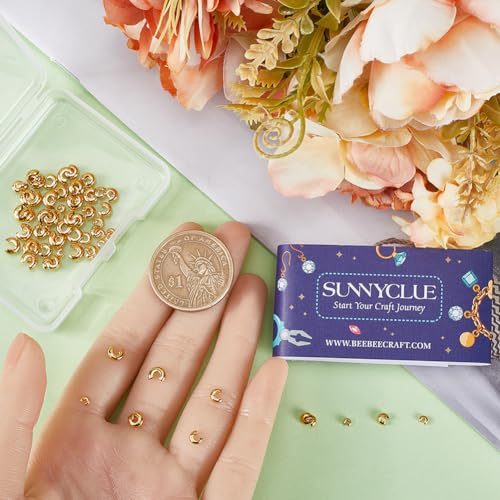 SUNNYCLUE 1 Box 80Pcs 3mm 4mm 5mm 6mm Stainless Steel Crimp Bead Covers Gold Crimp Knot Covers Small Open Side Half Round End Caps Metal Spacers for Jewelry Making DIY Bracelets Necklace
