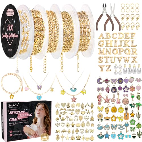 Ecoofor 18K Gold Jewelry Making Kit with Gift Box - 16.6ft 5 Rolls DIY Bracelet & Necklace Chains with 136 Pendants, Jump Rings, Lobster Clasps, Jewelry Pliers & Charm Making Kit, Christmas Gift - color: Jewelry Making Kit with Gift Box