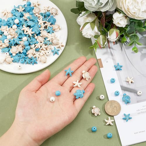 NBEADS About 176 Pcs 6 Styles Synthetic Turquoise Bead, Turtle Bead Charms Starfish Sea Stars Charms Gemstone Stone Spacer Beads for Jewelry Making DIY Bracelet Necklace - color: Turtle & Starfish