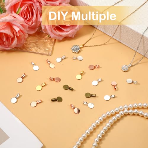 salbsever 100 PCS Jewelry Bails for Jewelry Making Glue on Bails Round Flat Pad Metal Pendant Connectors Golden Silver Bronze Rose Gold for Necklace Bracelet DIY Crafts