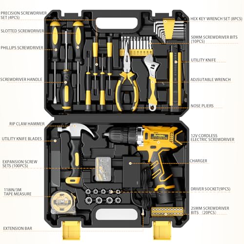 Sundpey Home Tool Kit with Drill - 166-Piece General Basic Home Repair Tool Set with 12V Cordless Power Drill & Battery & Charger & Portable Tool Box for Garden Office House Apartment Repair Men Women