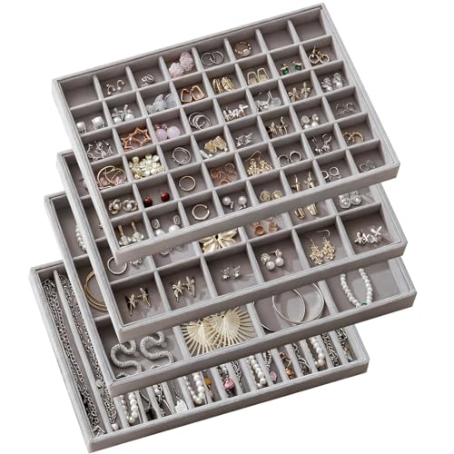Large Jewelry Drawer Organizer Trays Set of 4, Stackable Velvet Jewelry Trays Organizer Holder Display Storage Showcase for Earring Necklace Bracelet Ring Accessary (Gray, 12+17+24+48 Grids) - color: Gray, size: 12+17+24+48 Grids