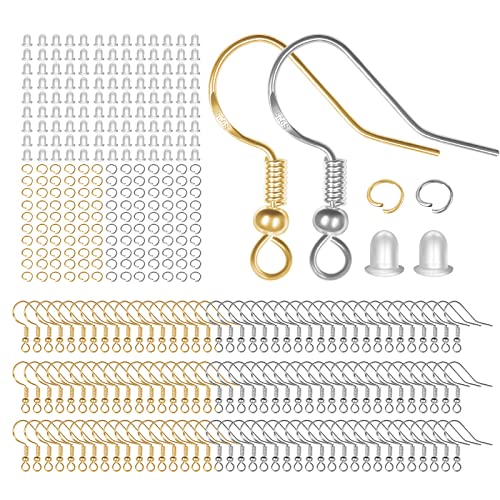 925 Sterling Silver Earring Hooks, 750PCS Earring Hooks Kit 250PCS/125Pairs Gold & Silver Hypoallergenic Earring Hooks with 250PCS Open Jump Rings and 250PCS Rubber Earring Backs for Jewelry Making - size: 750pcs-gold&silver