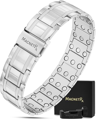 MagnetRX® 3X Strength Mens Magnetic Bracelet – Titanium Magnetic Bracelets for Men – Premium Fold–over Clasp & Adjustable Length with Sizing Tool & Gift Box (Silver) - color: Silver (3X Strength)