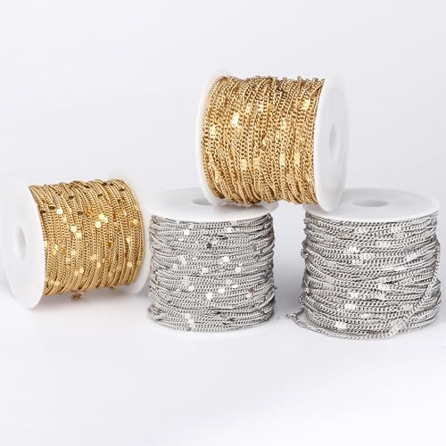 33FT 18K Gold Plated Curb Chains Bulk, 2mm Stainless Steel Flat Satellite Curb Link Chains Roll for Jewelry Making - color: Gold short embossed