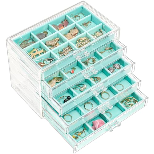 ProCase Earring Holder Organizer Jewelry Box with 5 Drawers, Acrylic Clear Earring Case with Adjustable Velvet Trays for Women - Aqua, 5 Layers - color: Aqua, size: 5 Layers, Standard, Regular