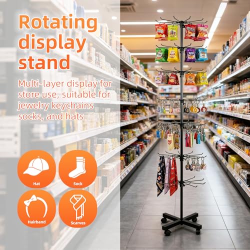 Retail Display Stand 7-Tier 360° Rotating Rack Shelves Retail Show Displays,Adjustable Height & Locking Wheel Store Display for Toys Jewelry Keyring Socking Hats Snacks Nail Accessories (Black,Metal)